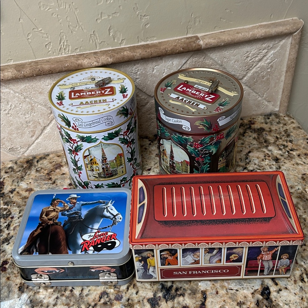Vintage Holiday Musical Tins Set - Festive Red and White